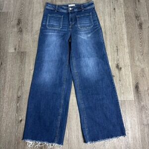 OAT New York Jeans Women's 8/29 Blue Wide Leg Raw Hem Patch Pocket Stretch Denim